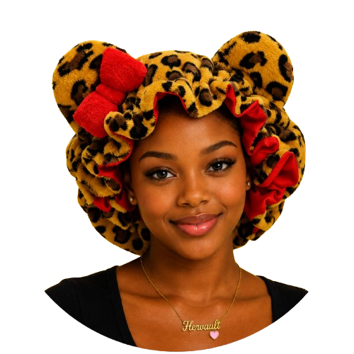 Leopard Silk Teddy Plush Bow Bonnet- Red