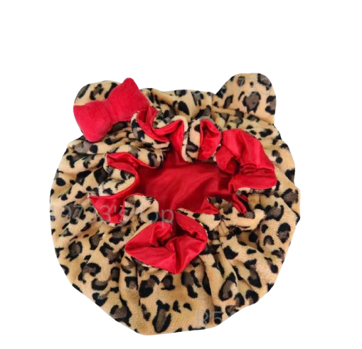 Leopard Silk Teddy Plush Bow Bonnet- Red